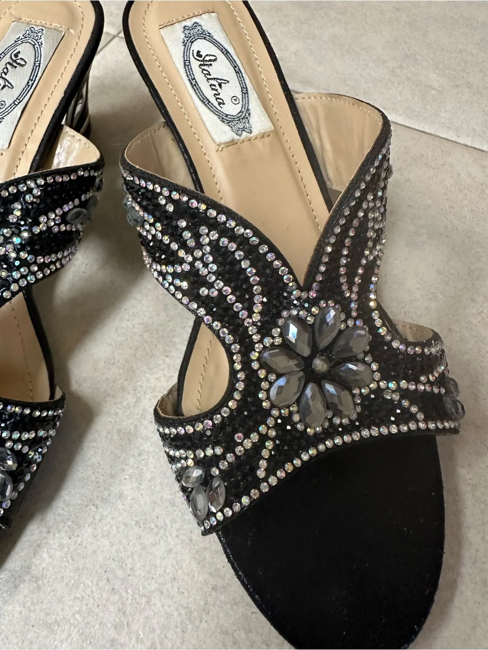 Italina Black Jeweled Slide Heels - Women's Dress Sandals (7)